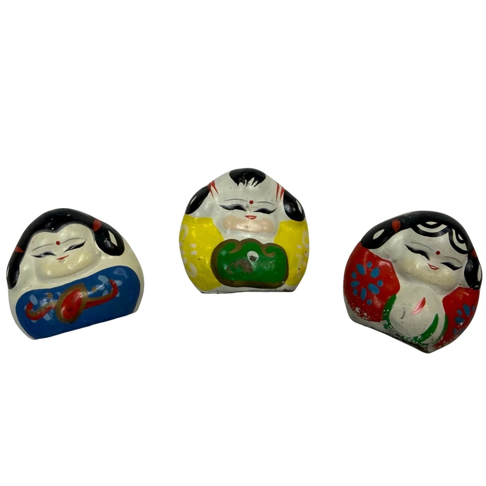 Vintage Japanese Clay Dolls Set of 3 Hand Painted Folk Art Figurines Okiagari